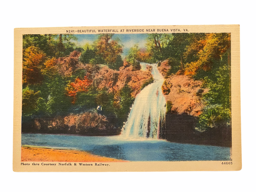 Beautiful Waterfall at Riverside Near Buena Vista, Virginia. Unused Linen Postcard Circa 1930-1944