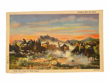 Load image into Gallery viewer, Rustlers Bite the Dust! Cattle War Days in West Texas. Unused Linen Postcard Circa 1930-1944