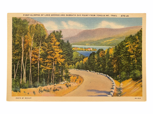 First Glimpse of Lake George and Sabbath Day Point from Tongue Mountain Trail. Unused Linen Postcard Circa 1930-1944